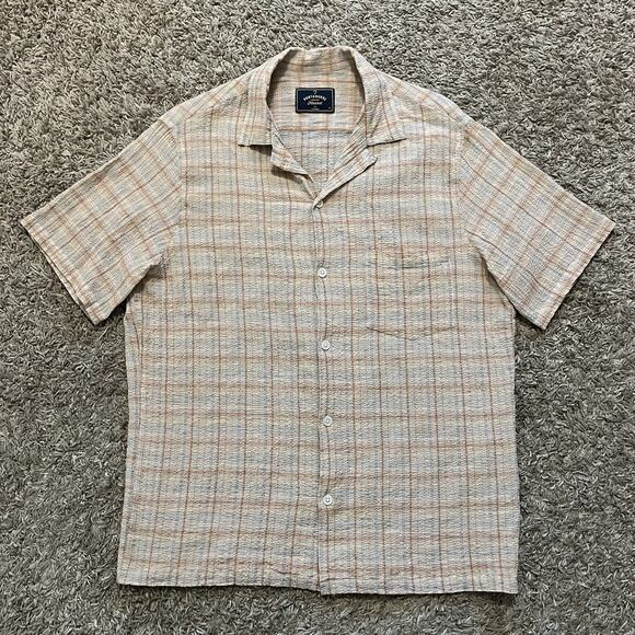 Men's Casual Button Down Shirt - Seersucker Beige Plaid - Picture 1 of 6